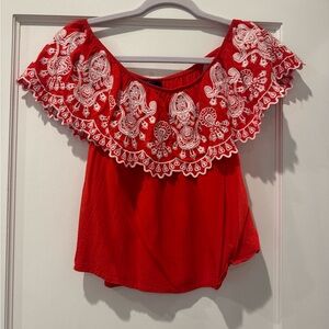 Blue Rain Red Ruffled Sleeveless Blouse